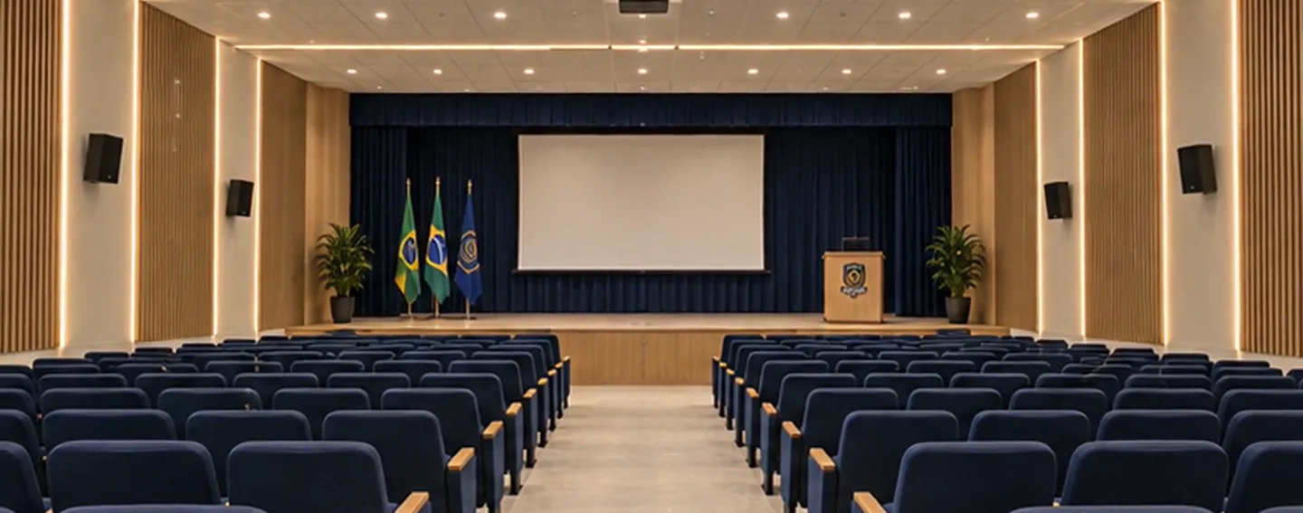 Auditório da nova sede com poltronas, palco e telão
