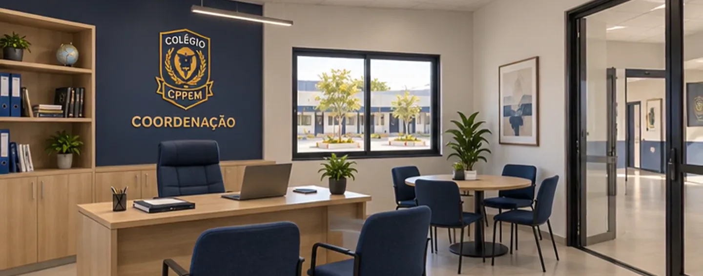 Sala de coordenação com mesa de atendimento e mesa de reunião