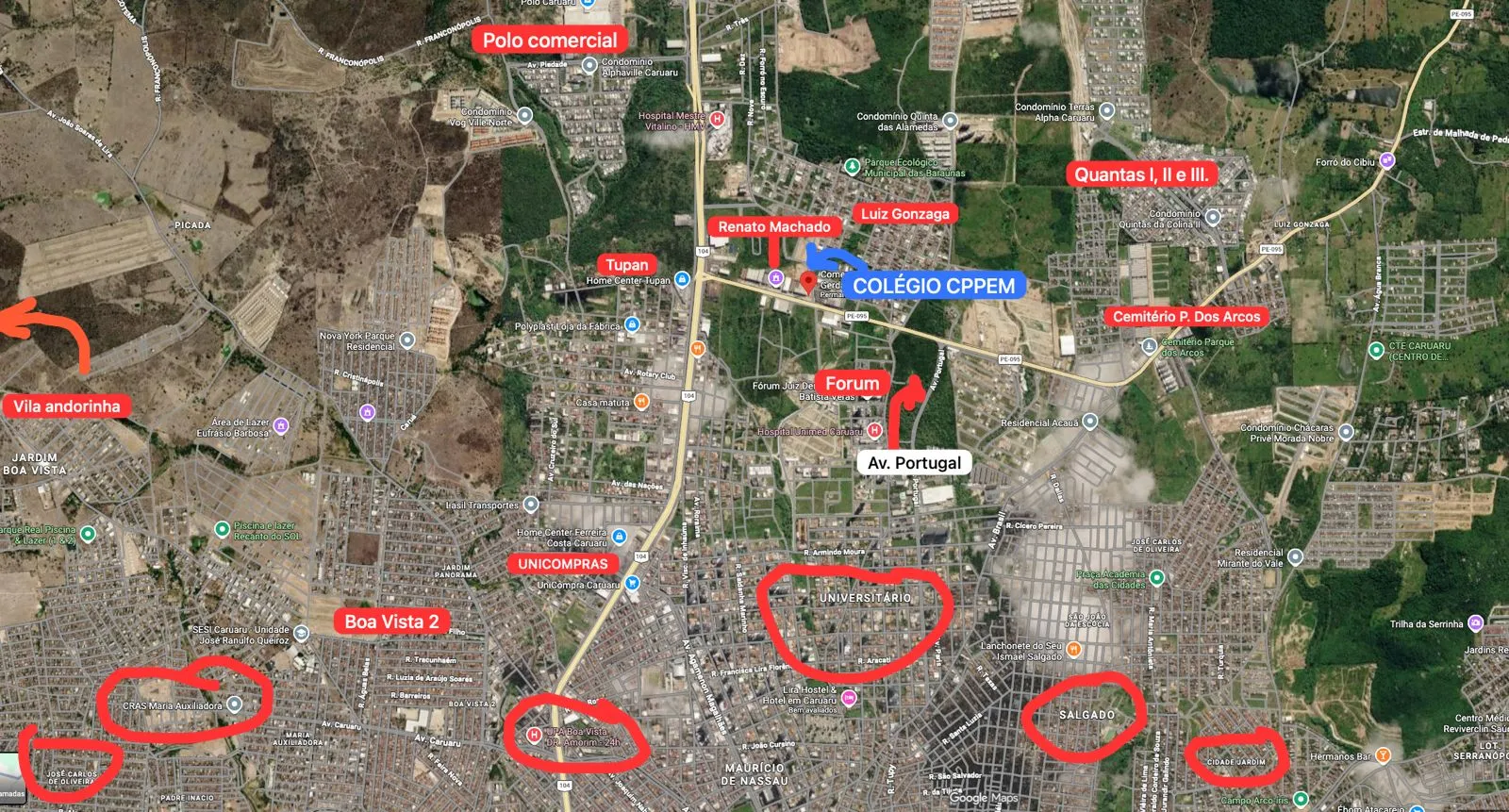 Mapa aéreo de Caruaru com a nova sede marcada na Zona Norte, próxima à Av. Portugal e à PE-095