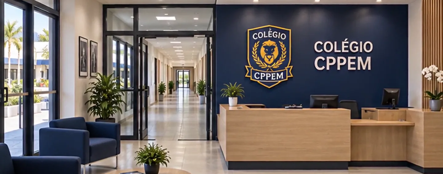 Recepção da nova sede, com brasão do Colégio CPPEM na parede e corredor ao fundo