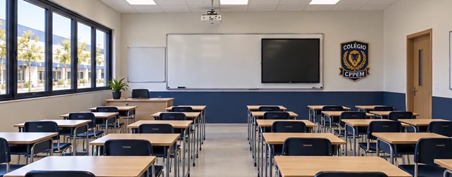 Sala de aula da nova sede com carteiras enfileiradas, lousa e televisor
